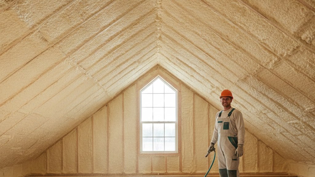 Technician spraying foam insulation onto an attic roof deck
